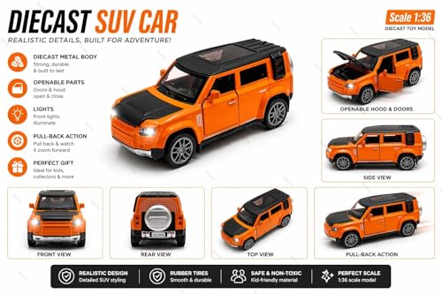 Image of 1:36 Scale Defender Die-Cast Toy Car - Pull Back Metal SUV Model with Openable Doors, LED Lights & Music - Alloy Mini Car Gift for Kids, Boys & Collectors (Orange)