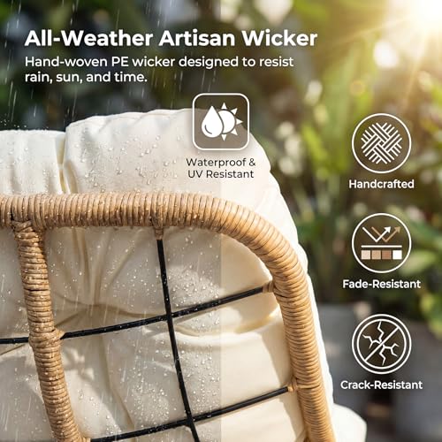 Image of NICESOUL Oversized Double Rocking Papasan Chair with Cushion, 2 Person Big Wicker Outdoor Comfy Recliner, Large Heavy Duty Loveseat for Patio, Balcony, Backyard