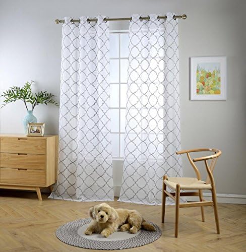 Miuco White Sheer Curtains Embroidery Trellis Design Grommet Curtains 63 Inches Long for Bedroom 2 Panels (2 x 37 Wide x 63" Long) White / Silver Embroidery