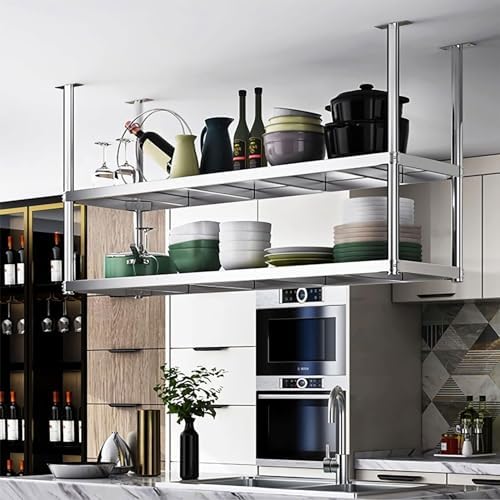 Industrial Ceiling Mount Kitchen Shelf - Floating Metal Storage Rack for Pots, Pans, Plants, and Wine Bottles - Stylish Detive Display Stand for Home and Kitchen Decor