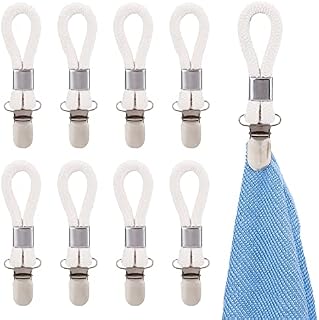 GORGECRAFT 8Pcs 4.72x1.12 Inch Large Tea Towel Clip Beach Towel Hanging Clip with Braided Cotton Loop Metal Clamp for Bathroom Kitchen Home Cabinets Cloth Hanging Storage Supplies, White