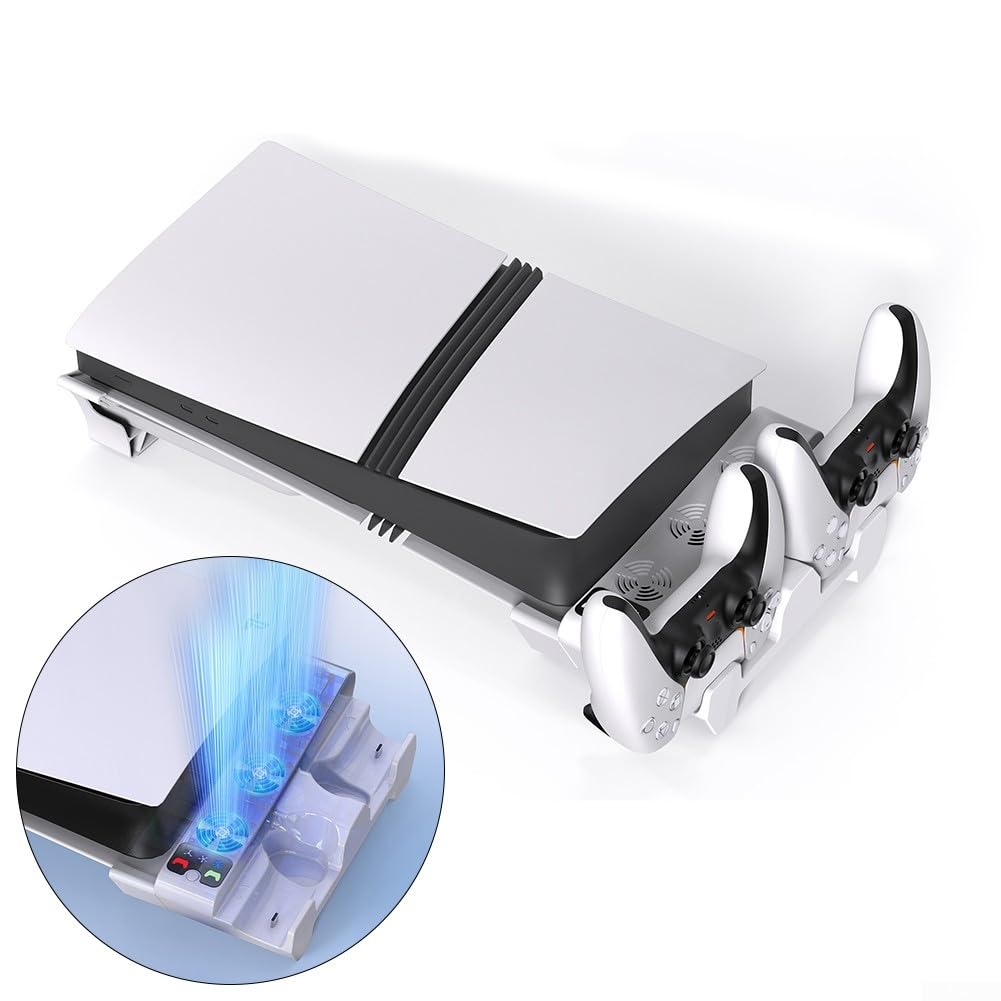 Soporte de refrigeración para consola de juegos para PS5 Pro/Slim, cargador doble con ventilador de 3 velocidades, indicadores LED, diseño delgado blanco