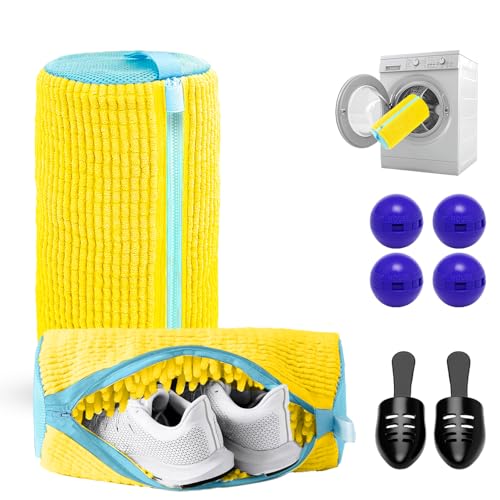2PCS Shoe Washing Machine Bag with Pair of Shoes Tree and 4 Deodorizer Balls, Durable Zipper Reusable Shoe Washing Bag with 20000+ Fluffy Fiber Lining For 360° Cleaning for Sneakers