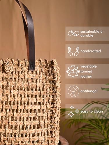 Image of KADAM HAAT Women Handmade Sabai Grass Lunch Bag with Leather Handle, Dry Grass Tiffin Bag for Lunch and Bottle for Office & School Eco-Friendly, Handcrafted (Beige)