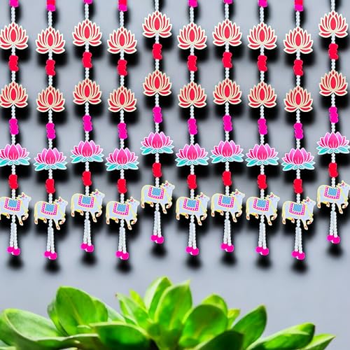Image of Rajasthan Kraft Decorative Beads Hanging, Pack of - 6, with Lotus, Pom Pom & MDF Cow, for Beads, Size - 28 * 4 Inch, Perfect Used for - Home Decor, Festival Decoration & Wedding Decoration, (36805-6)