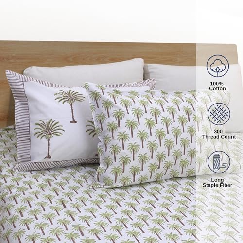 Image of TOAI Hand Block Printed Bedsheet | Bed Sheet Flatsheet | Pure Cotton | Double Bed King Size 108 inchx108 inch | 300 TC Bedsheets | Includes 2 Pillow Covers Palm Trees (Green Brown White)