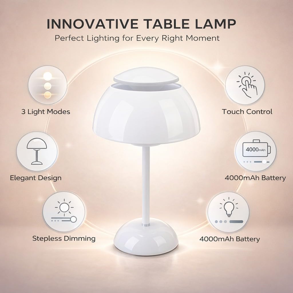 Cordless Rechargeable Table Lamp, Small Desk Lamp with Stepless Dimming and Touch Control, Flower Bud Design - Battery Operated, Portable Lighting, Bedroom and Travel Use