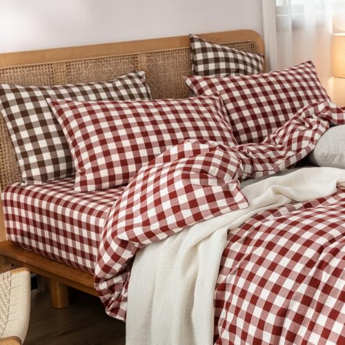 Image of BESTOUCH Gingham Cotton Duvet Cover Set Fired Brick Red Full | Washed Cotton, Linen Feel, Soft Wrinkle Texture, Hidden Zipper, 8 Ties, Breathable Lightweight Durable Comfy, 3 Pcs No Insert