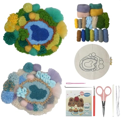 Image of YFWLMNY Rug Hooking Green and Blue,Moss Punch Needle Kit,Moss Landscaping Series DIY Kit Including Embroidery Hoops, Punch Needles, Scissors, hot melt Glue and Wool