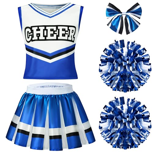 Spooktacular Creations Halloween Girl Cheerleader Costume, Blue Cheer Uniform Set, Cute Cheerleading Outfit with Accessories for Halloween Dress-Up, High School Themed Party (Large, 10-12 yrs)