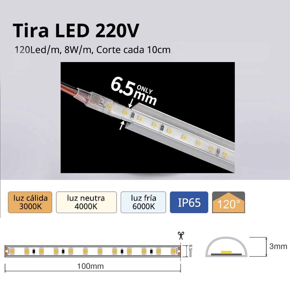 ledbox Tira LED 220V Super Slim SMD2835, 120Led/m, 8W/m, Triac Regulable, Corte 10cm, Carrete 50 Metros, Silicona, Blanco Neutro, IP65, Interior y Exterior