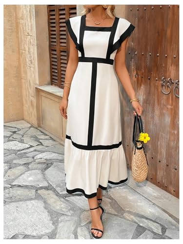 SOLY HUX Women's Square Neck Ruffle Hem Dress Elegant Cap Sleeve Color Block Long Dresses3