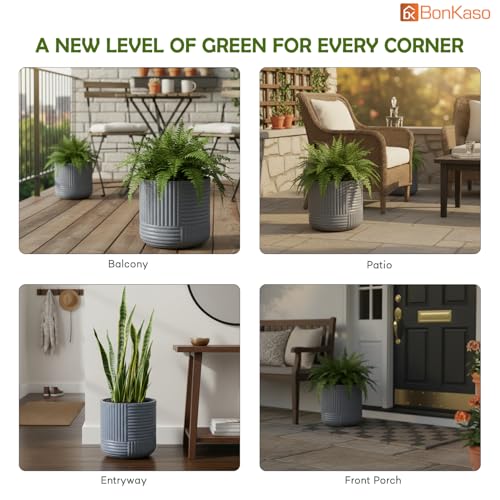 Image of Bonkaso 15 Inch Ribbed Planter Pot for Indoor & Outdoor Use | Round Heavy Duty Polymer Flower Pot | Lightweight Weather Resistant Modern Gamla for Living Room Balcony & Terrace (Light Grey)
