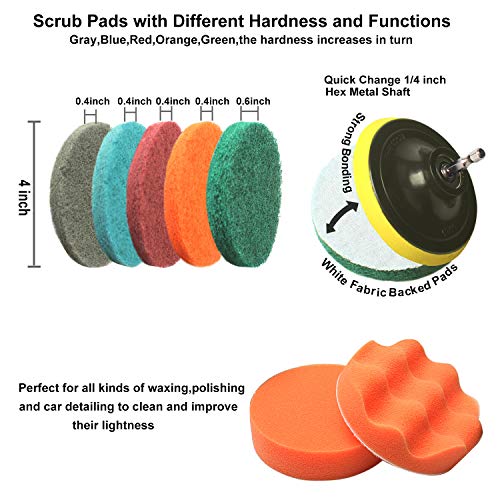 BYGD 26 Pieces Drill Brush Set Scrub Pads & Sponge, Drifferent Size Power Scrubber Brush with Extend Long Attachment All Purpose Clean for Car, Grout, Tiles, Sinks, Bathtub, Bathroom, Kitchen