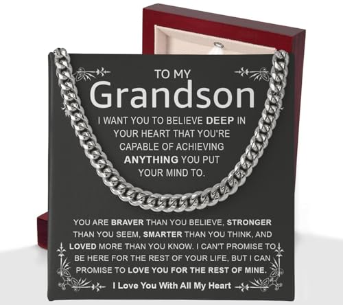 To My Grandson Cuban Chain Necklace, Cuban Link Men Chain Gifts For Grandson, Stainless Steel Chain Birthday Christmas Jewelry Gifts For Grandson With Message Card And Box2