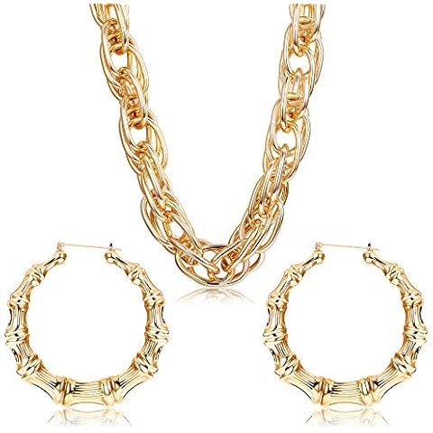 HANPABUM Gold Plated Chunky Rope Chain Necklace and Large Hollow Casting Triangle Bamboo Hoop Earrings Set for Men Women Punk Hip Hop Rapper Style Gold Tone Costume Jewelry Cover