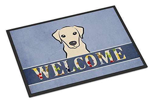 Caroline's Treasures BB1408MAT Yellow Labrador Welcome Doormat 18x27, Blue Front Door Mat Indoor Outdoor Rugs for Entryway, Non Slip Washable Low Pile, 18H X 27W
