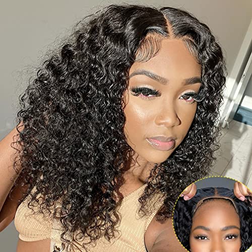 Domiso Glueless Wear And Go Wigs For Black Women Human Hair Deep Wave Bob Wig Lace Front Wigs Human Hair Glueless Ready To Wear Wigs Lace Pre Cut Wig No Glue Needed Natural Black 16 Inch #TOP6