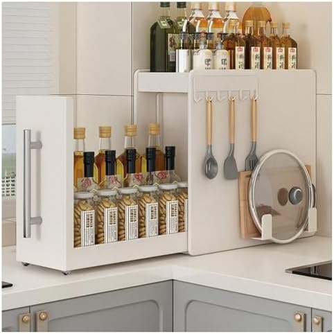 3 Tier Sliding Spice Rack, Heavy-Duty Metal Storage Shelf for Kitchen Seasonings, Narrow Cabinet Organizer, Space-Saving Condiment Holder (White, Large)