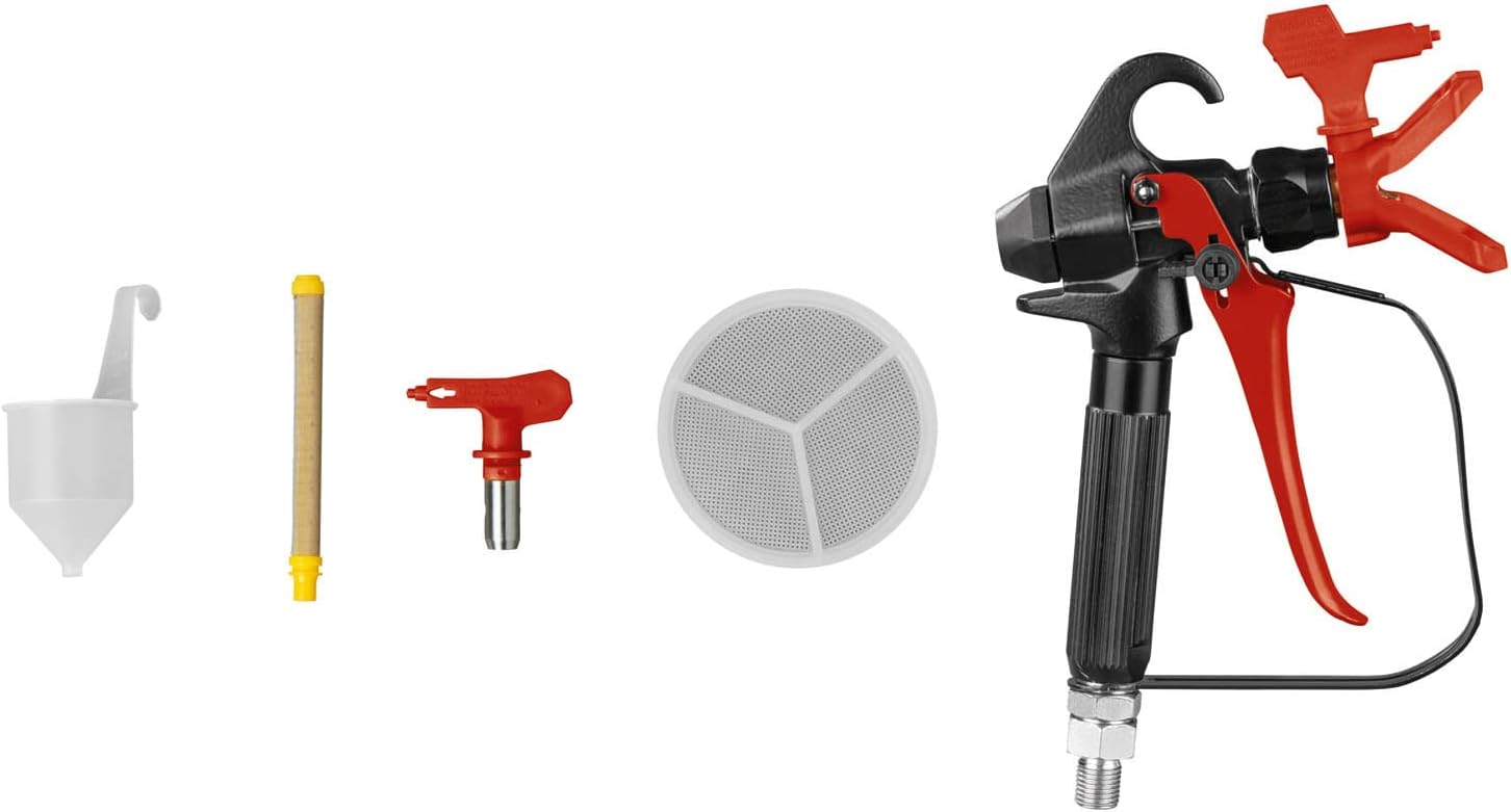 Spray gun with various accessories including filter and nozzles