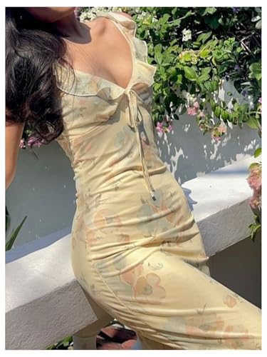 Milumia Women's Floral Tie Front Ruffle Trim Long Dress Summer V Neck Sleeveless Bodycon Maxi Dresses2