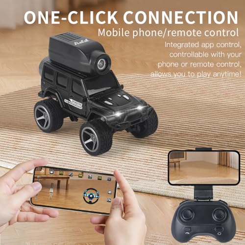 Moonzeamus KF32 1:64 RC Mini Climbing Alloy Video Car with APP Control and Radio Remote Control HD Camera FPV Cars (Black)