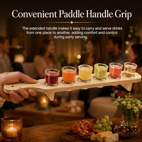 Image of Go Hooked Wooden Shot Glass & Paddle Set with 6 Glasses, 30 ml Glass Capacity, Wooden Serving Paddle Tray with Holder Stand for Party Serving, Tastings, Gatherings, Table Presentation