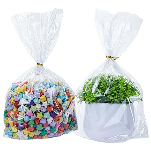 Naxlif Cellophane Bags 8x11 with Bottom Gusset 100Pcs Clear Cellophane Wrap for Gift Baskets & 100 Gold Twist Ties, Perfect For Gift Wrapping Party Favors & Food Storage Packaging for Special Events