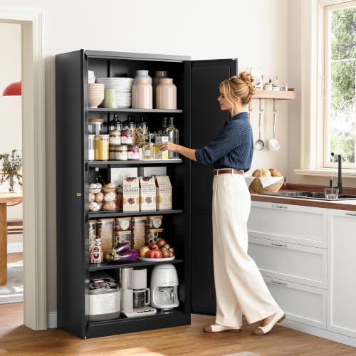 Image of Yizosh Metal Storage Cabinet with 2 Doors and 5 Adjustable Shelves - 71 inch Black Kitchen Pantry Storage Cabinet, 5-Tier Tall Steel Cabinet Locker for Kitchen, Living Room, Dining Room