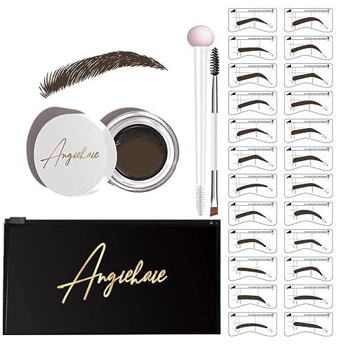 Eyebrow Stamp Stencil Kit, 24 Reusable Thick & Thin Eyebrow Stencils, Waterproof Brow Pomade, Dual-Ended Brush & Sponge Applicator for Perfect Natural Brows (Medium Brown)