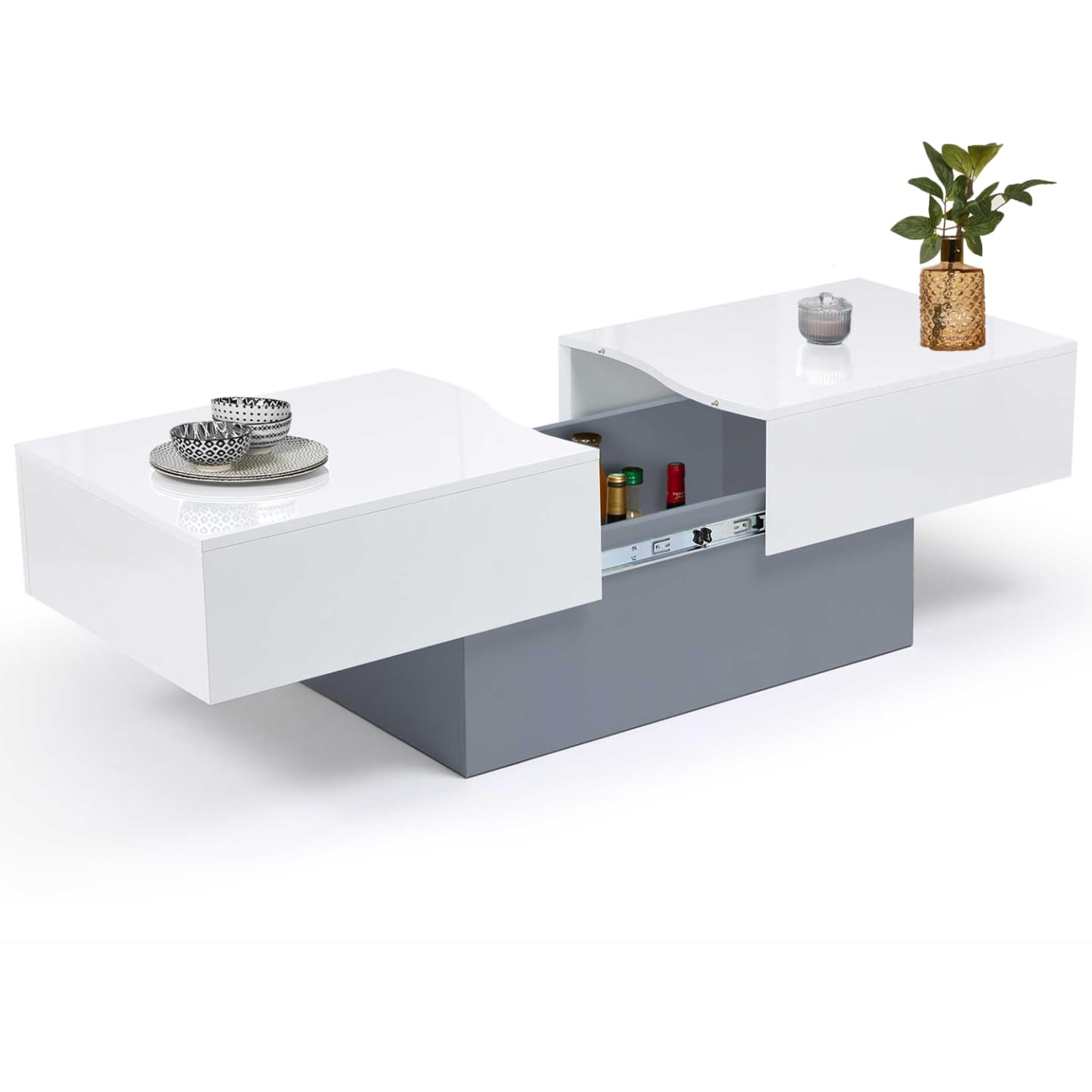 IDMarket - Table Basse coulissante rectangulaire Marta Bois Gris et Plateau Blanc