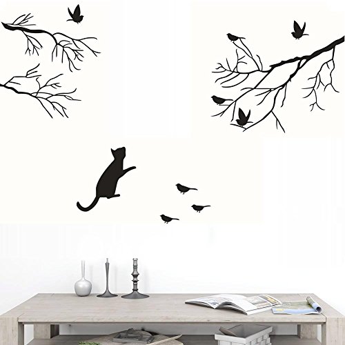 Vinilo Decorativo Gato Negro Mirando Pájaros para Pared