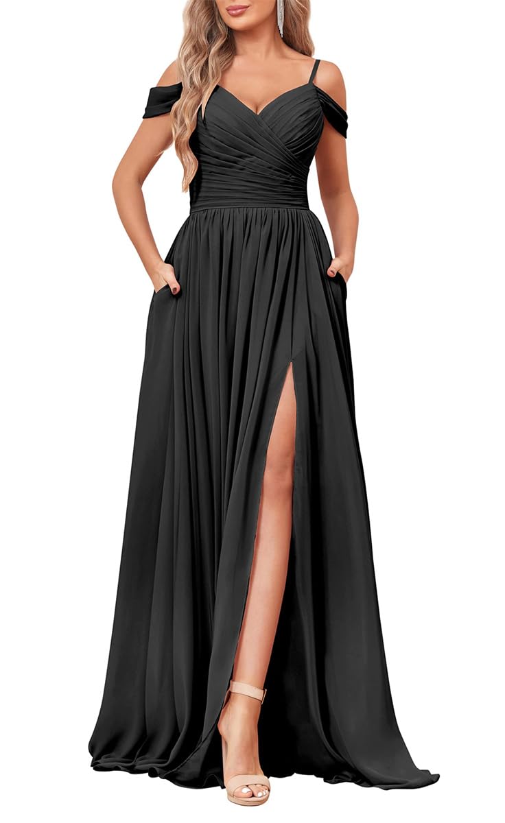 YIANN Bridesmaid Dresses Long Spaghetti Strap Chiffon Black Maid of Honor Evening Dress Formal Gown with Pockets UK20