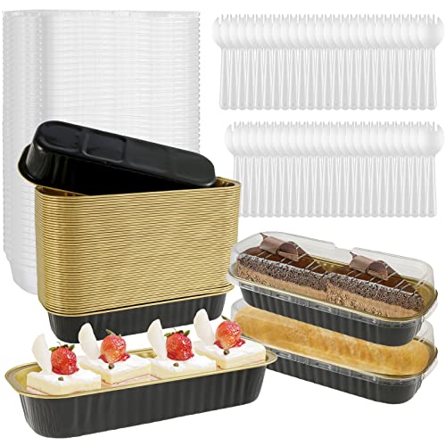 50Pcs Mini Cake Pans with Lids and Spoons 200ml Non-Stick Foil Baking Pans Tins Reusable Aluminum Foil Loaf Pans Rectangular Foil Bread Container Portable Baking Cupcake Liners for Home Kitchen