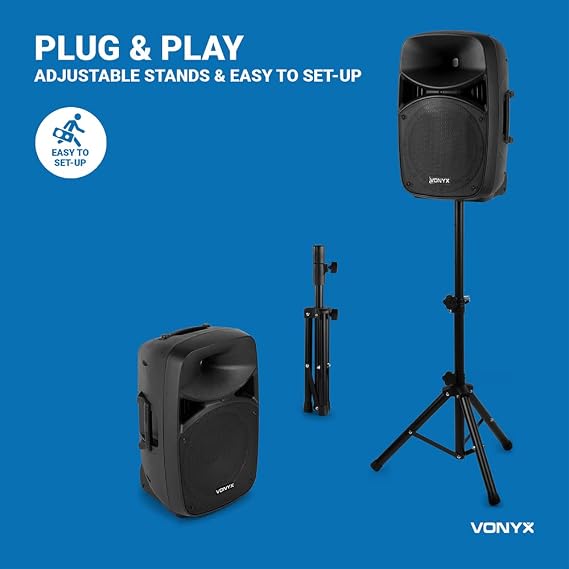Vonyx VPS122A 12 Active PA DJ Speakers Bluetooth System with Stands, Microphone & Built-in USB MP3 Player for Medium Parties, Beginner DJs, Kids Events - 400W RMS Power, 800W Max Output
