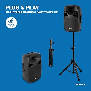 Vonyx VPS122A 12 Active PA DJ Speakers Bluetooth System with Stands, Microphone & Built-in USB MP3 Player for Medium Parties, Beginner DJs, Kids Events - 400W RMS Power, 800W Max Output