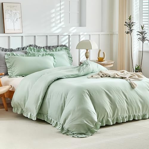 Tokokimo Juego de funda de edredón con volantes, color verde salvia, juego de edredón de microfibra suave con 2 fundas de almohada para cama, fundas de edredón con volantes, 200 x 200 cm, color verde