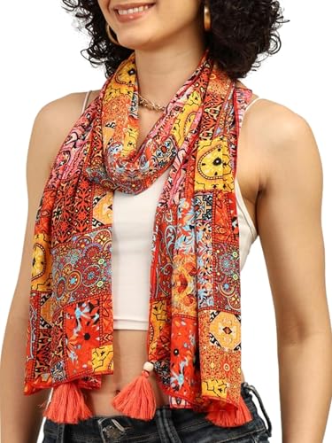 Image of KE KANHA EXPORTS Scarf for Women Boho | Border Print Stylish | Stole for Women Breathable Summer Beach Wrap with Tassels | Multicolour |180 x 50 cm FREE Scrunchie Included