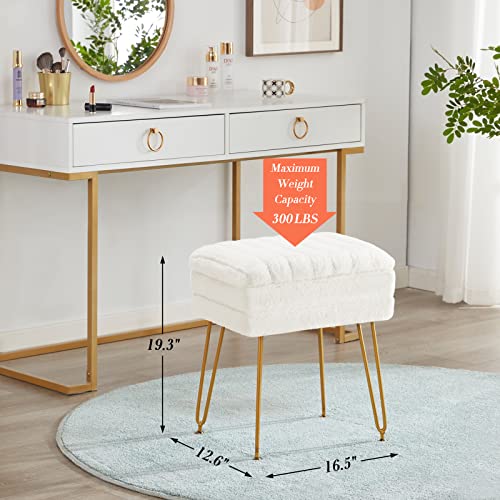 Soohow Vanity Chair Storage Vanity Stool Ottoman Foot Rest, Faux Fur Makeup Vanity Stool, Vanity Chair For Makeup Room, Foot Stool For Living Room, Bedroom, Storage Ottoman，Metal Legs #TOP4