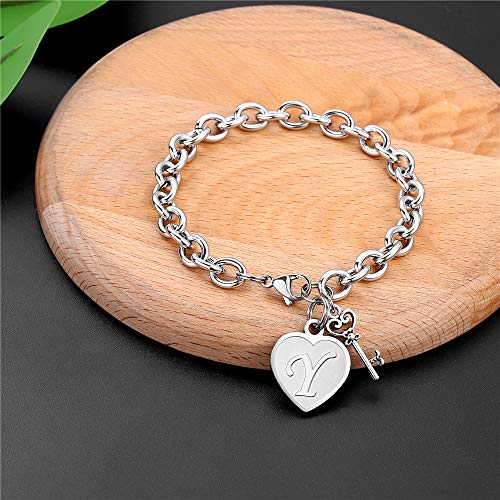 Image of M MOOHAM Heart Initial Bracelets for Girls Women - Engraved 26 Letters Initial Charms Bracelet Stainless Steel Bracelet Birthday Christmas Jewelry Gift for Women Teen Girls