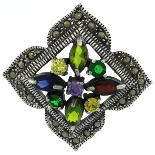 Sterling Silver Marcasite Clover Brooch Pin w/Round & Marquise Cut