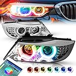 [Halogen Model] 3D Dual Crystal RGB Halo LED Turn Signal Projector Headlight Lamps Assembly Compatible with BMW E90 3-Series 09-12, Driver and Passenger Side, Chrome Housing Clear Lens