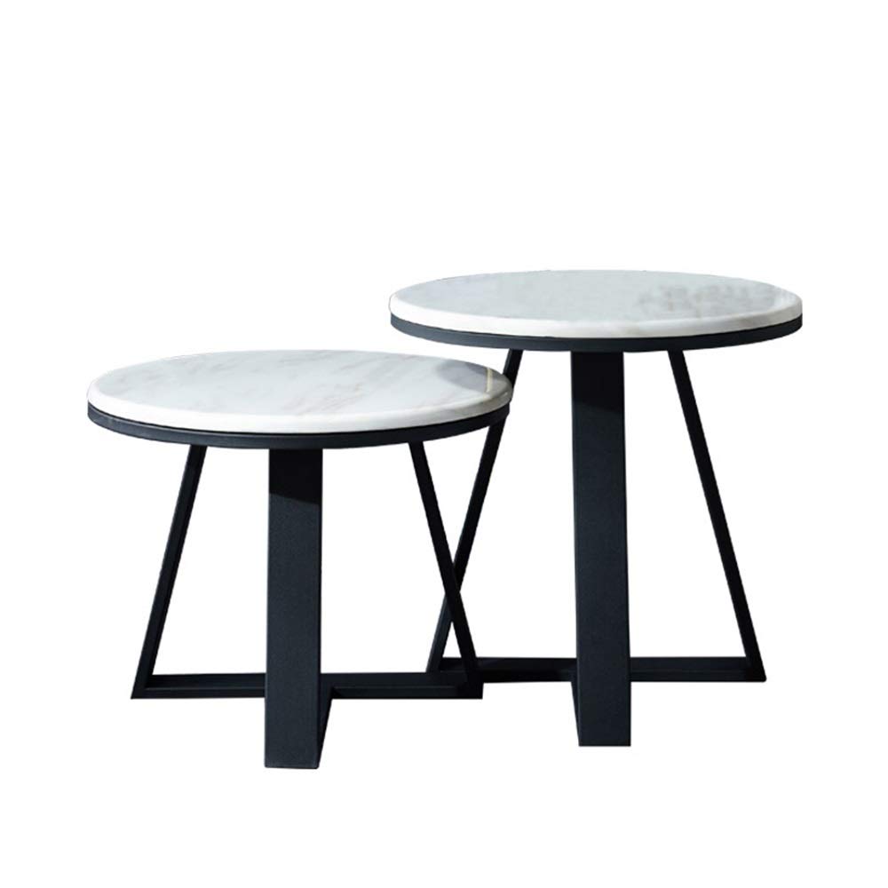 YIKE-Coffee Table 2-Piece Marble Side Table, High and Low Round Table/Corner Table Combination, Stable Wrought Iron Geometric Frame Design, Suitable for Living Room, Balcony
