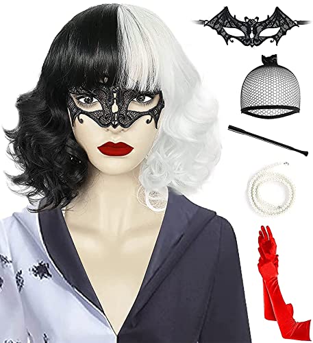 ANOGOL { 1 Long C Holder + 1920s Long Gloves + 1 Pearl Necklace+1 Black Blindfold } Short Bob Wig Black and White Wig with Bangsfor Women Curly Synthetic Wavy Wigs for Girls Costume Wig for Halloween