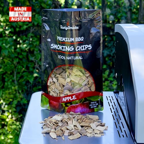TastySmoke® Hochwertige Räucherchips Apfel – 100% natürliches Holz für intensives Raucharoma, ideal für BBQ, Smoker, Grill – 750g Räucherholz für Fleisch, Fisch, Gemüse