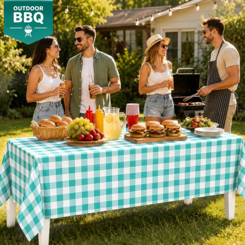 Image of WNINK 2 Pack Mint Green Gingham Tablecloths, 54 x 108 Inch Disposable Waterproof Plastic Table Covers for Rectangle Tables, Picnic, Birthday Party, Baby Shower and Celebration