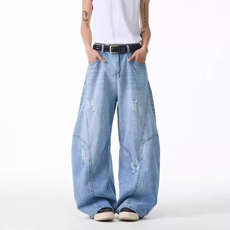 メンズイレギュラー縫い目 Y2K ヒップホップ バギーファッション カジュアルルーズフィットジーンズ ストリートウェア