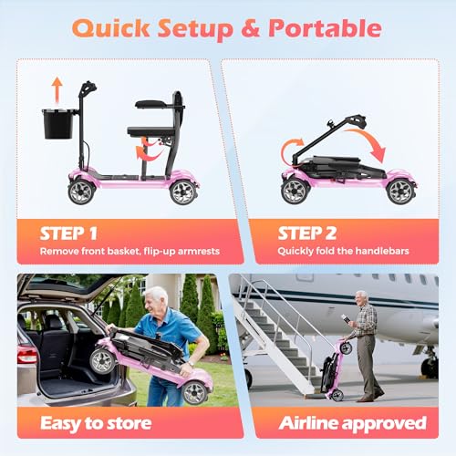 Image of Lightweight Mobility Scooter for Adults & Seniors - Cruise & Airport Approved, 43lb Foldable Portable Motorized Scooters with Dual Lithium Batteries for 30.4 Miles Travel, 300lb Capacity, Pink