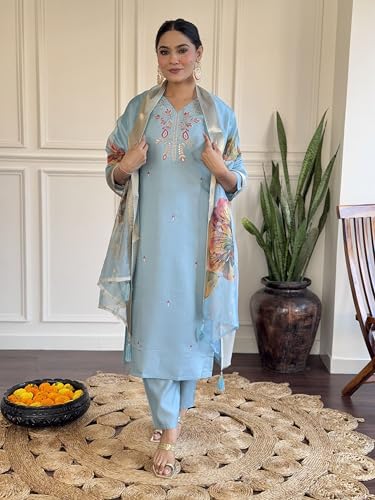 Image of Shiv Textiles Women's Chanderi Silk Embroidered Kurta Pant Dupatta Set(JDA-PARITA-SkyBlue-XL)