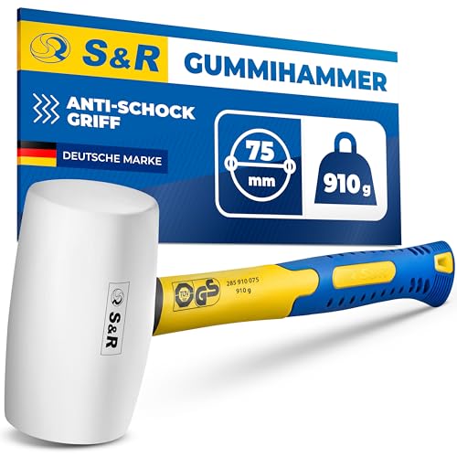 S&R Gummihammer Groß Weiß 75mm, 910g Schonhammer Pflasterhammer Camping Hammer Rückschlagfrei - spurlos auf Fliesen, Möbel und Fenster - GS Siegel sowie TÜV geprüft